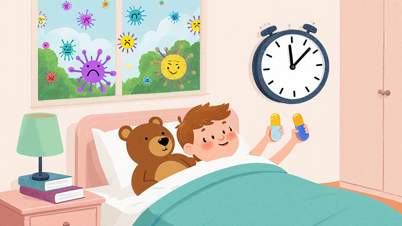 A child holds two different pills, morning and evening, as friendly bacteria are defeated.