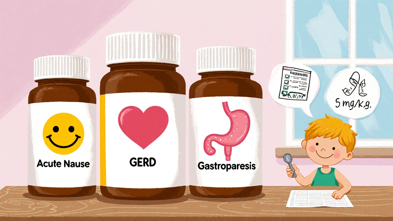 A colorful chart showing adult and pediatric Domperidone doses with pill bottles.