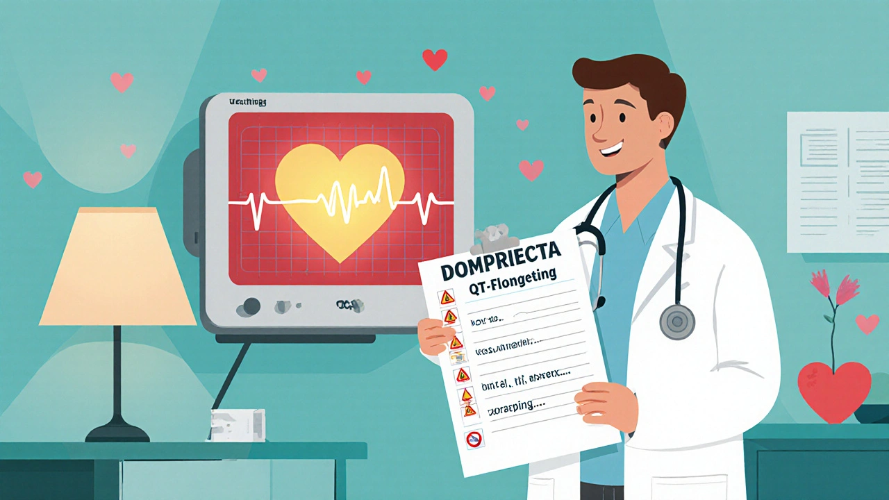 A doctor checking an ECG monitor while holding a safety checklist for Domperidone.