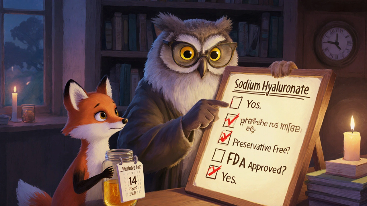 An owl optometrist shows a checklist to a fox holding honey eye drops in a cozy office.