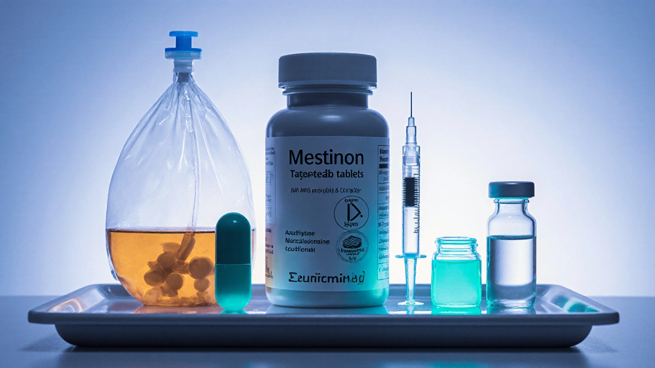 Arrangement of MG medication items: pills, IV bag, syringes, and capsules on a tray.