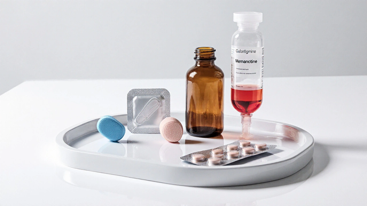 Array of Alzheimer’s meds: tablet, patch, bottle, blister, and IV bag on a tray.