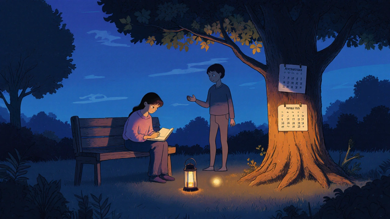 Calm garden scene with a person journaling, a supportive friend, and a calendar.