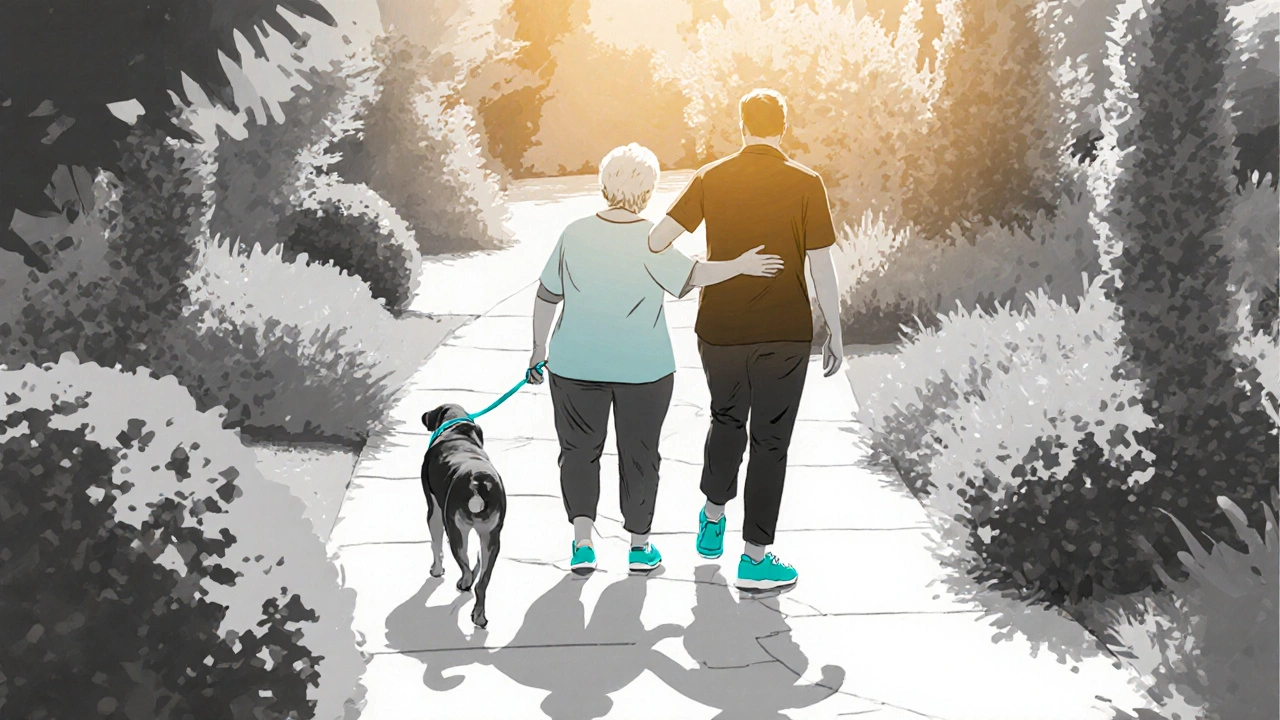 Cancer survivor walking a dog in a garden after physical therapy recovery.