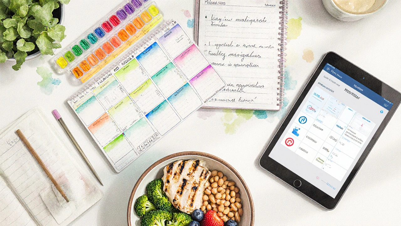 Caregiver arranging a pill box, medication diary, and healthy foods on a counter.