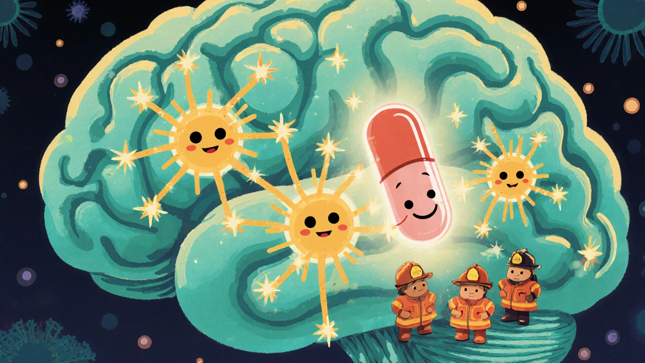 Cartoon brain scene showing smiling neurons, glowing acetylcholine, and a pill calming microglia.