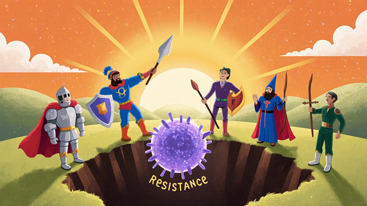 Cartoon heroes representing combination therapies rescue a myeloma cell from resistance.