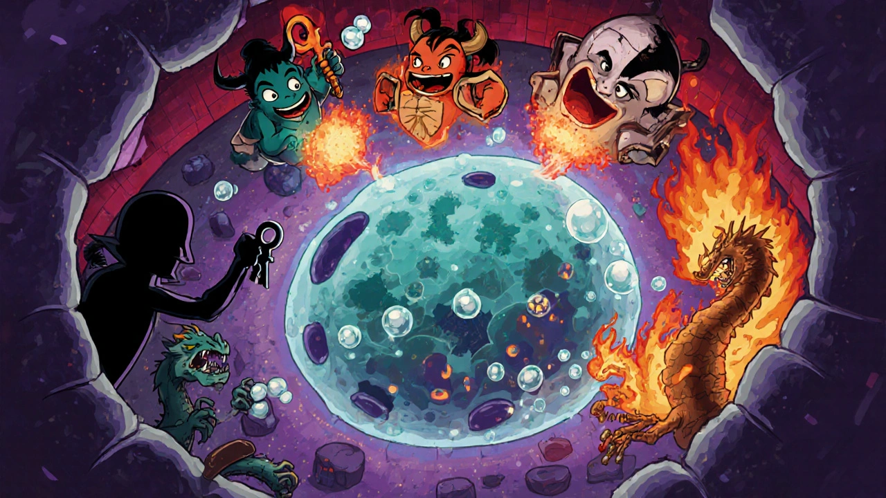 Cartoon myeloma cell battles resistance villains like CRBN loss and efflux pumps inside a cell.