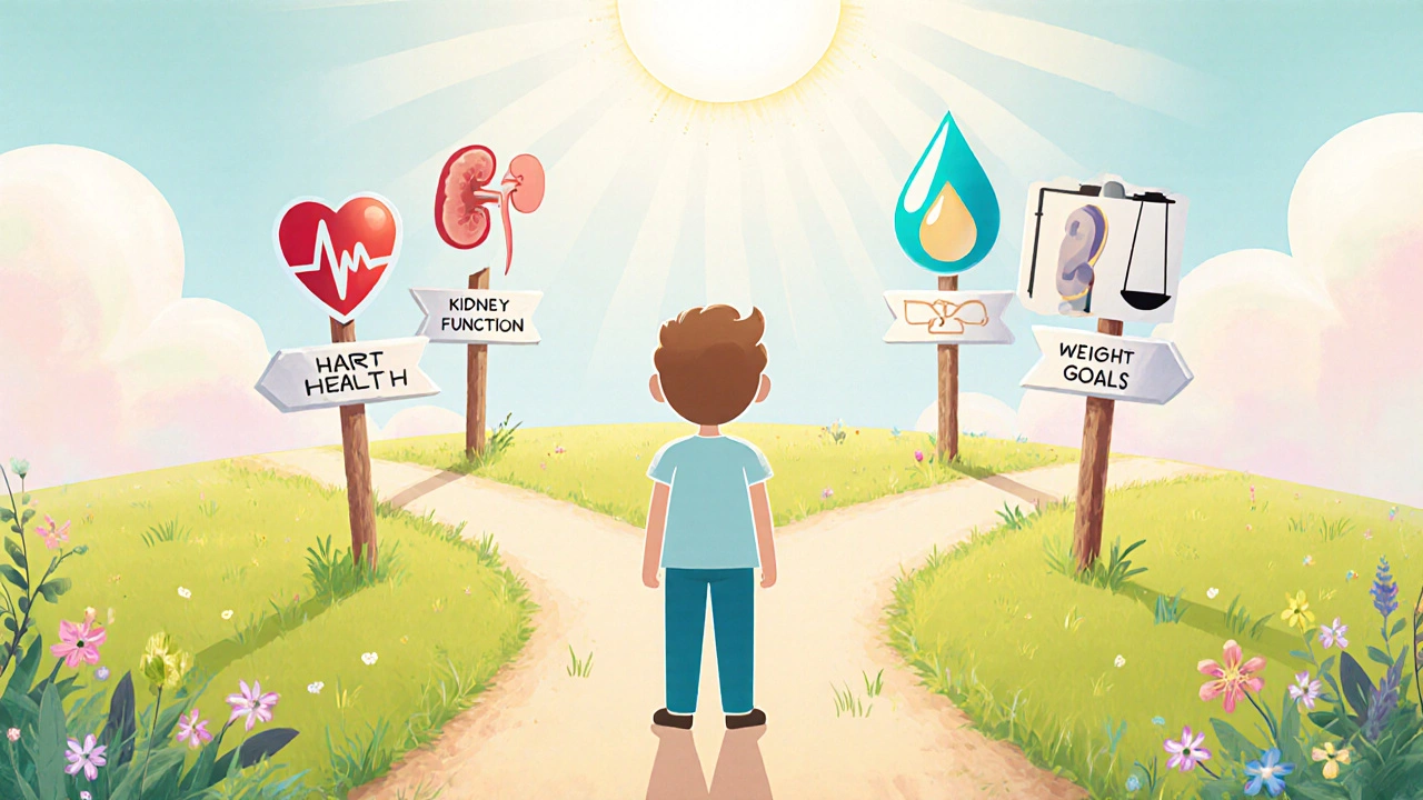 Cartoon patient at a meadow fork, signposts for heart health, kidney function, and weight goals with medication icons.