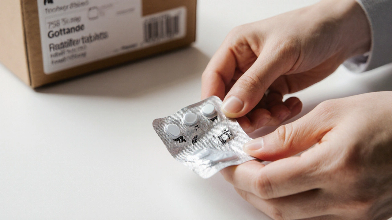 Close‑up of a blister pack opened, showing a 75 mg generic pill imprint and tracking box.