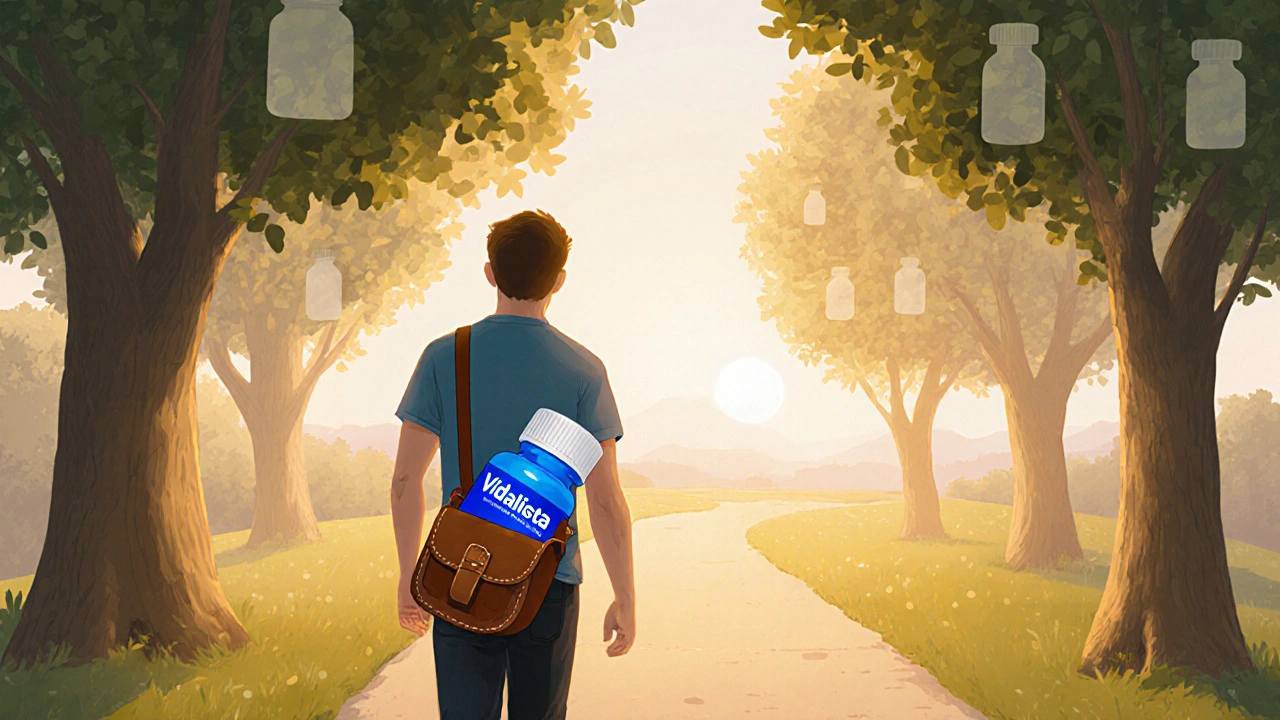 Confident man walking on a sunny path, carrying a pill bottle in a satchel.