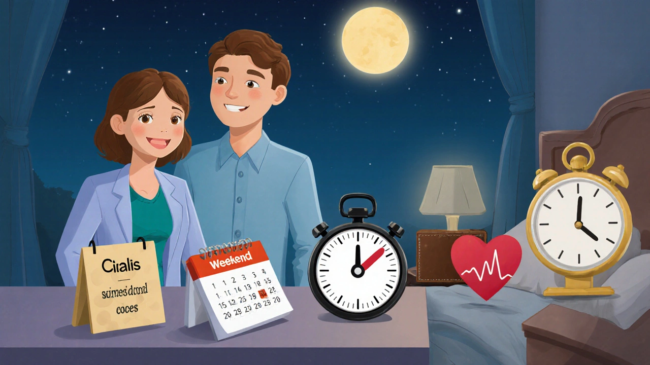 Couple in bedroom surrounded by items symbolizing dosage, cost, and health choices.