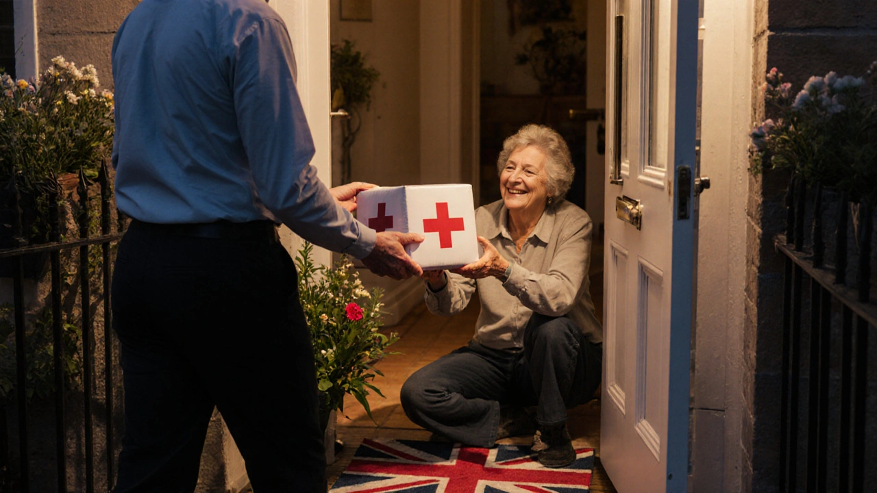 Courier delivering a medical parcel to a doorstep during spring.