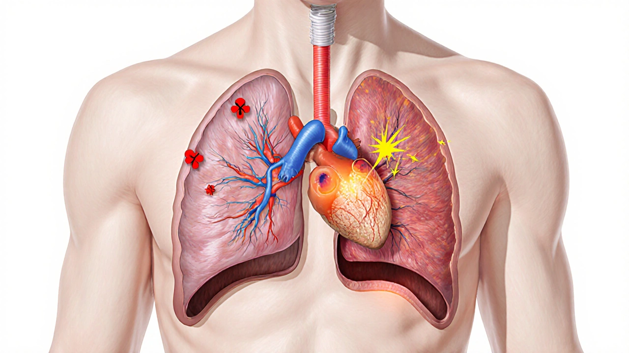 Cutaway view of collapsed airway, negative pressure, and stressed heart.