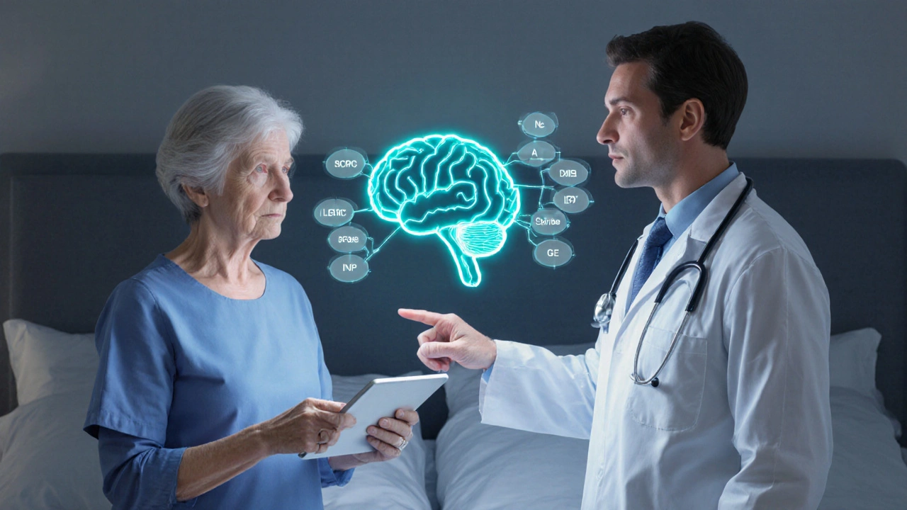 Doctor and caregiver reviewing a brain diagram and decision tree at bedside.