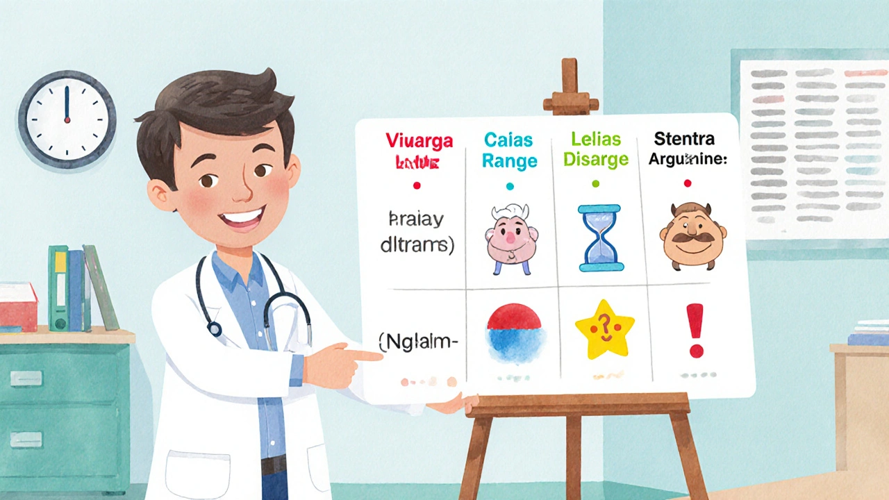 Doctor illustrating a colorful chart comparing five ED medications.