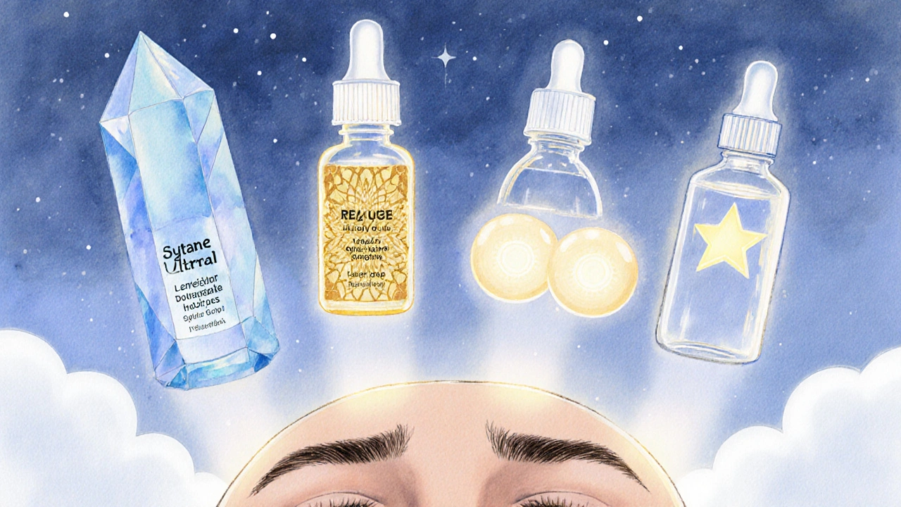 Four magical eye drop bottles floating in the sky, each with unique glowing properties.