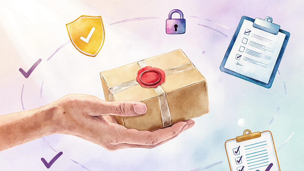Hand holding sealed delivery box with safety icons indicating a trusted online pharmacy.