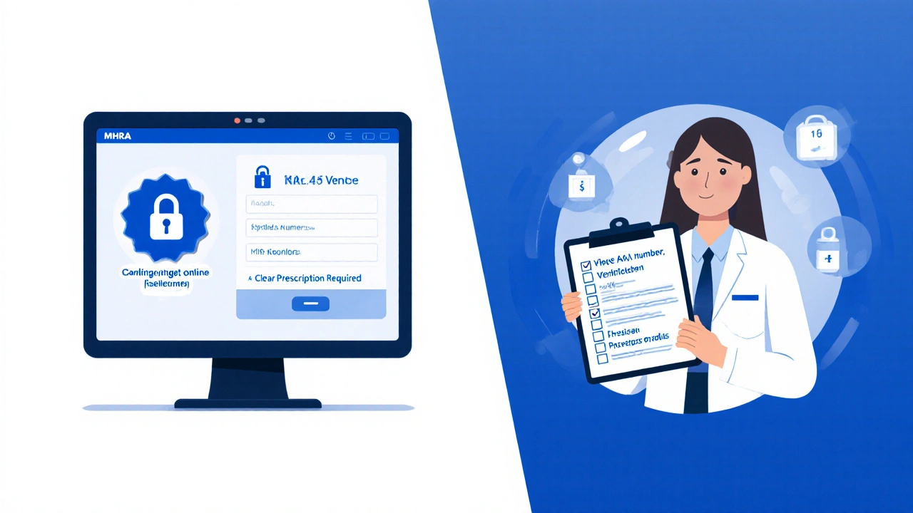 Illustration of a pharmacy website with MHRA badge and a pharmacist checking a verification checklist.