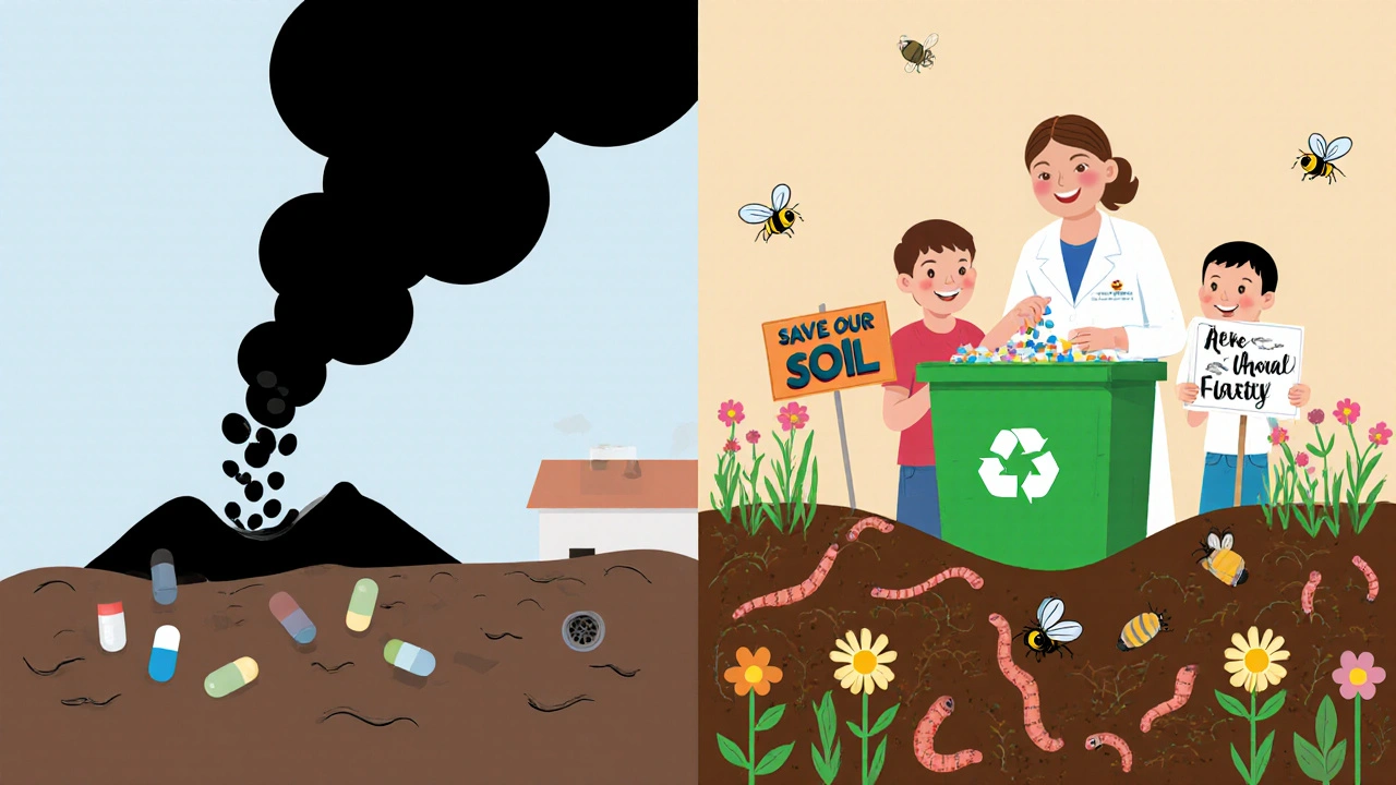 Left: pills flushed away; right: community returns meds to pharmacy, restoring healthy soil.