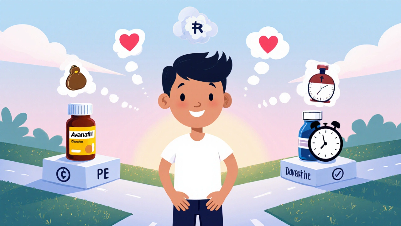 Man at a crossroads choosing between Avanafil, Viagra, and Dapoxetine, with icons for cost, health, and timing.