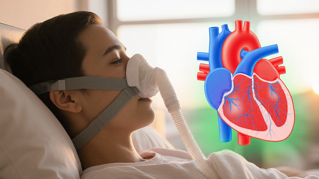 Patient using CPAP, showing healthier heart and hopeful atmosphere.
