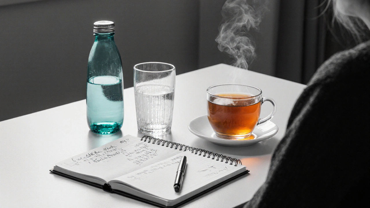 Patient writing in a diary at a desk with tea, water, and a pen.