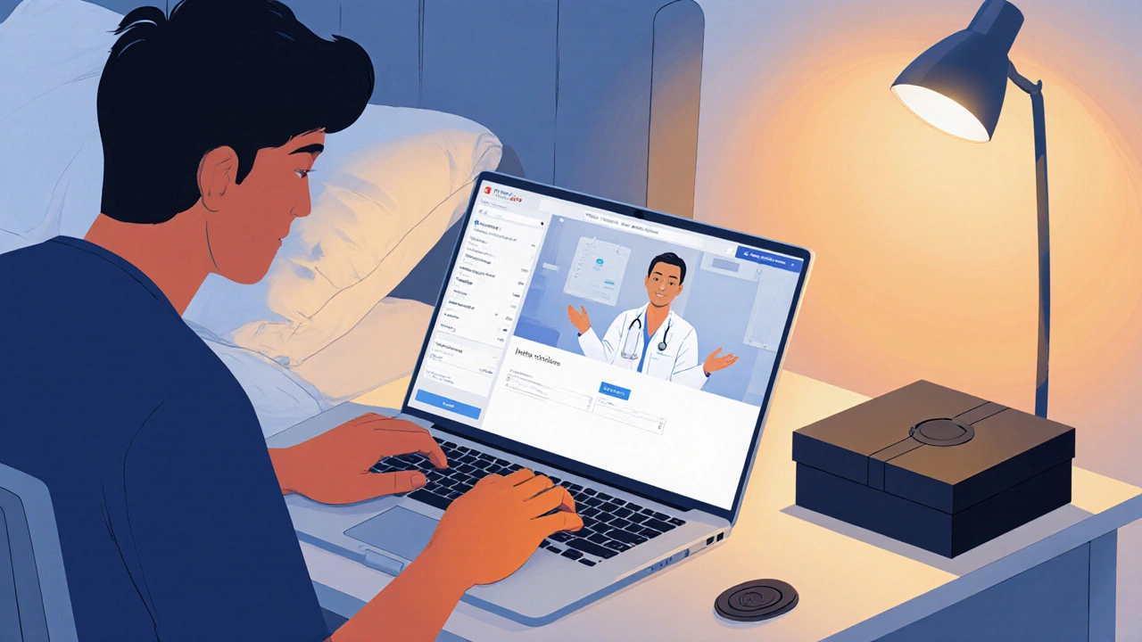 Person ordering generic Bactrim on laptop while video‑chatting with a clinician.