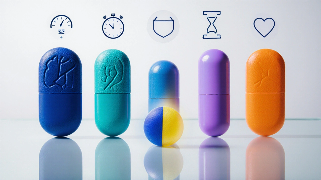 Row of five distinct pills on a reflective surface, dual‑action tablet centered among classic ED meds.