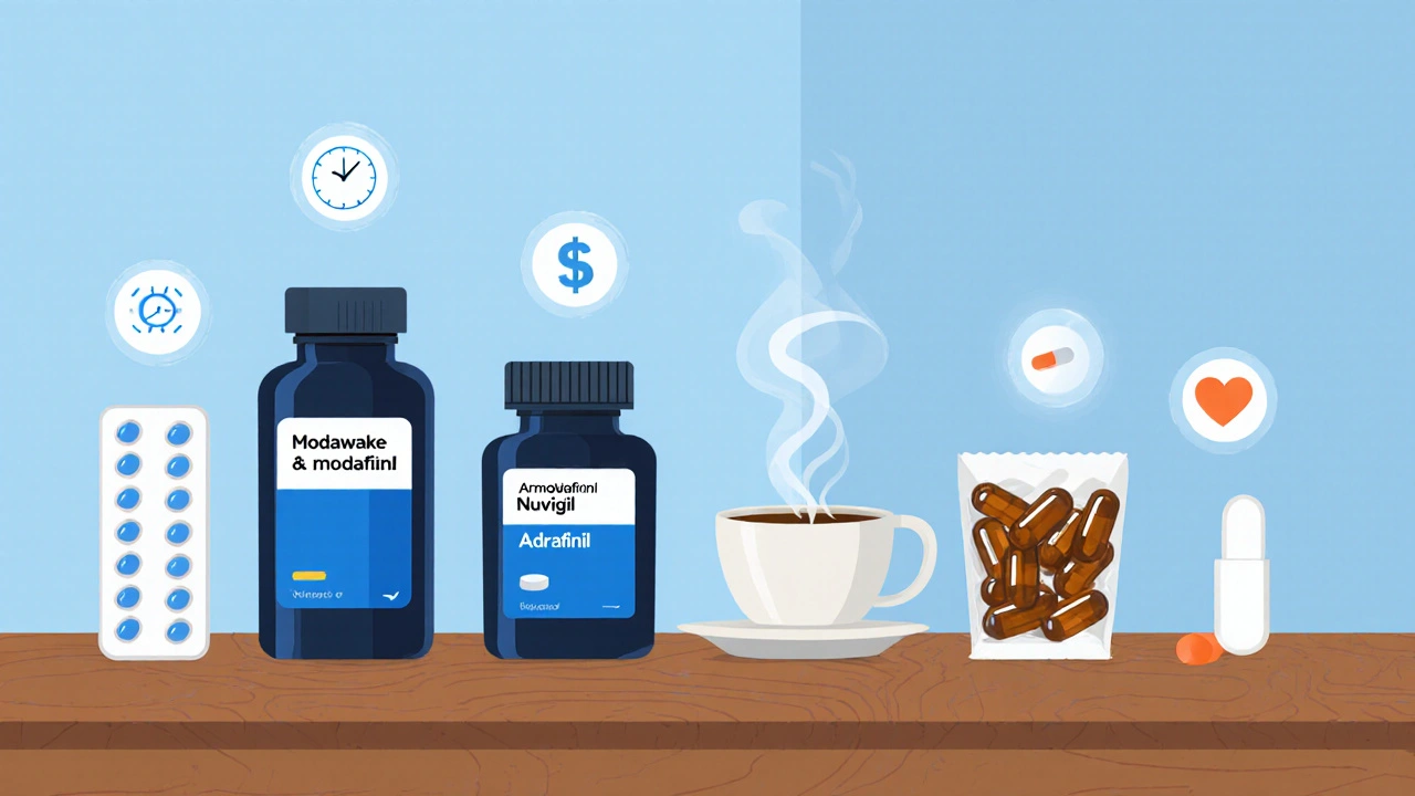 Row of wake‑promoting products with icons for duration, cost, and safety.