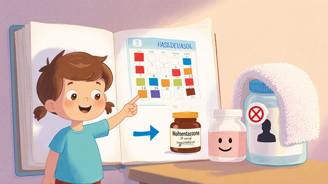 Safety guide with a 4‑week calendar, tapering arrow to milder cream, moisturizer, and a face‑no‑use sign.