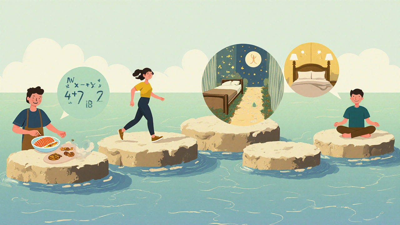 Series of scenes showing nutrition, exercise, sleep, and mindfulness self‑care steps.