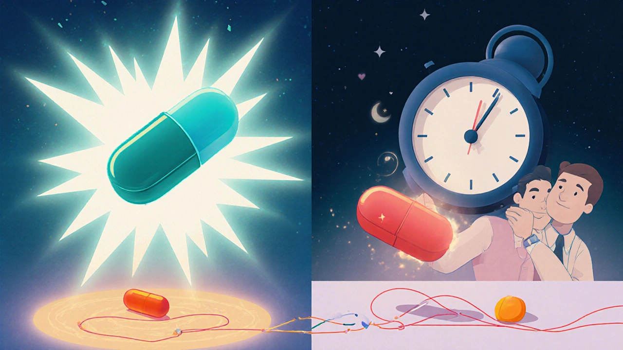 Split scene showing Avanafil acting quickly, Sildenafil slower, and Dapoxetine affecting nerve pathways.