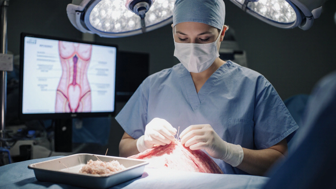 Surgeon performing vaginoplasty in a bright operating room.