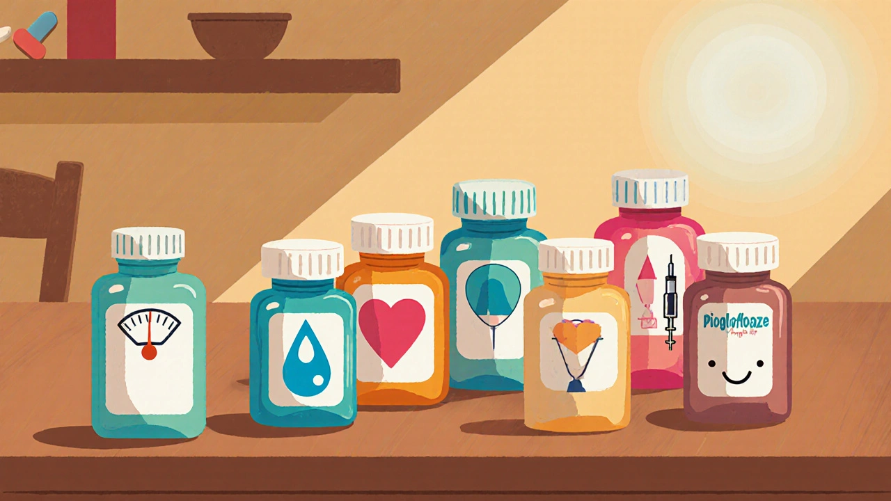 Whimsical table with cartoon pill bottles for Metformin, Pioglitazone, Empagliflozin, Semaglutide, and DPP‑4 inhibitor, each with visual cues.