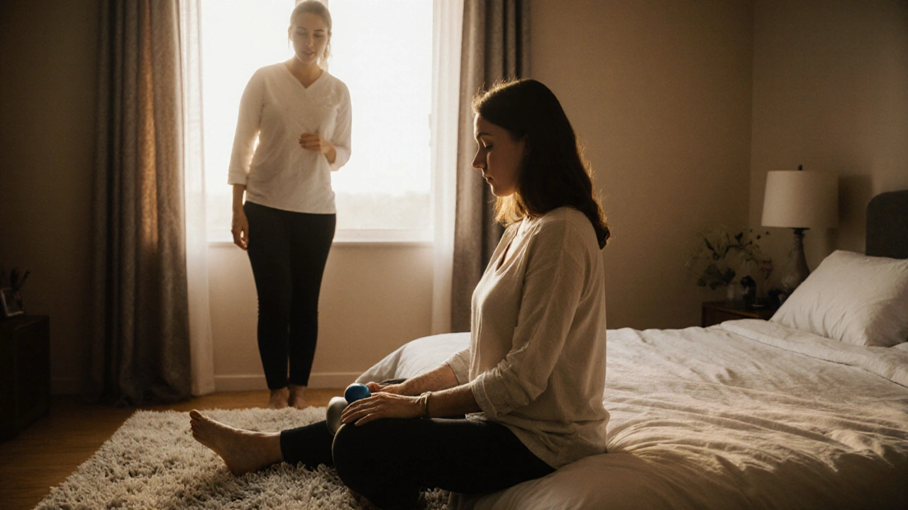 Woman doing pelvic‑floor therapy at home with supportive partner.