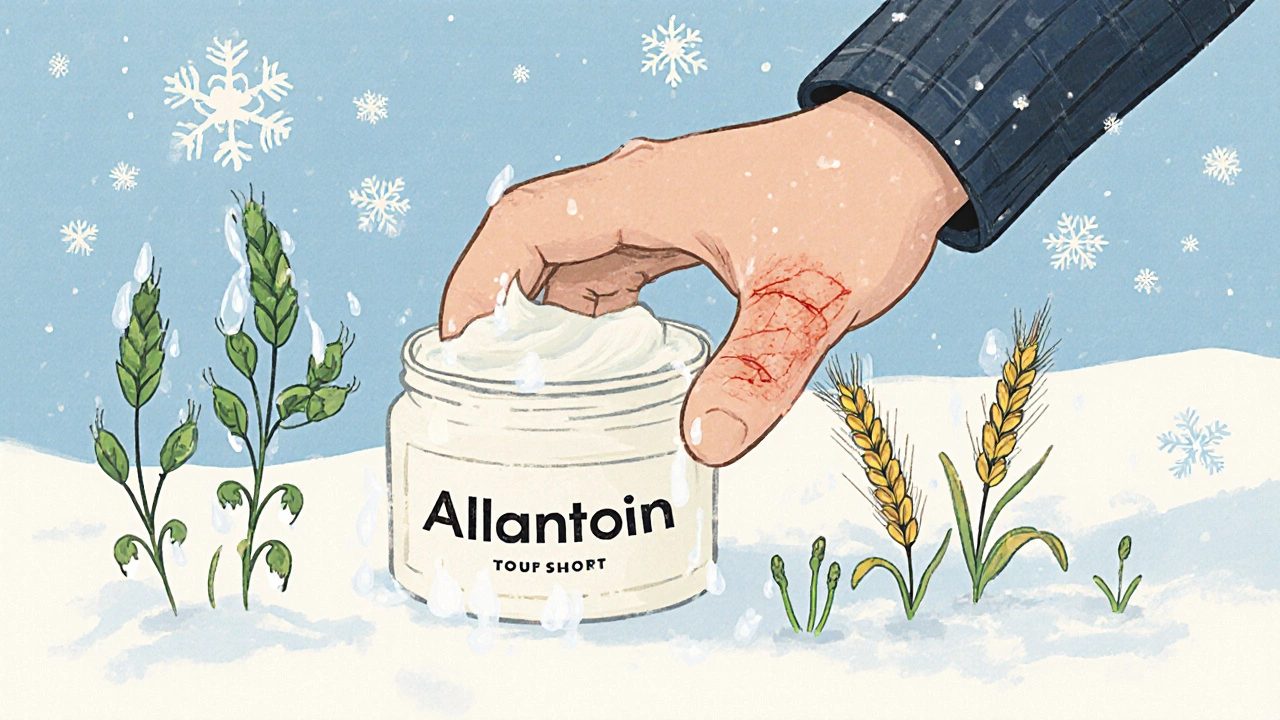 A child applying allantoin cream to windburned cheeks in a snowy Denver winter scene.