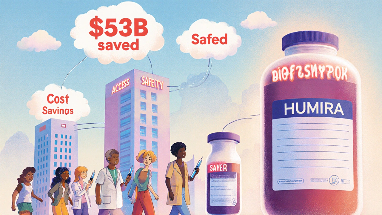 A city with hospital towers linked by bridges labeled &#039;Cost Savings&#039; and &#039;Access,&#039; patients holding injection pens.