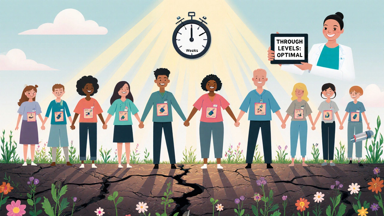 A diverse group of people holding hands over a healing gut landscape, symbolizing hope and treatment success.