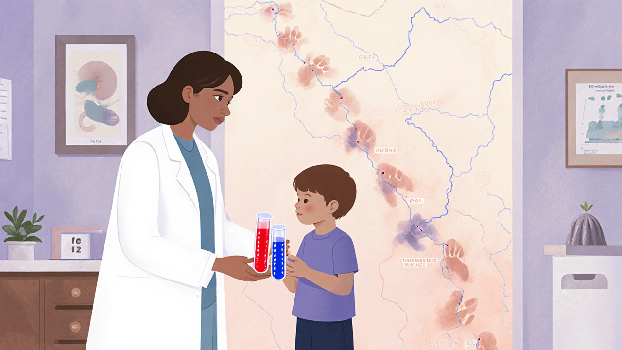 A doctor&#039;s office where a child receives a test tube showing kidney function stages as a fading path.