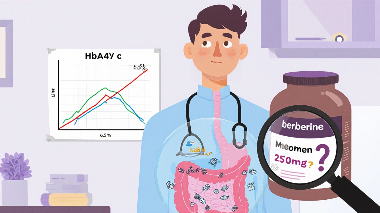 A doctor&#039;s office with a misleading HbA1c graph and invisible metformin-blockage in the gut, shown through transparent anatomy.