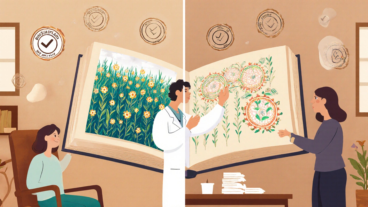 A doctor and patient explore a storybook showing biologic and biosimilar molecules as glowing gardens.