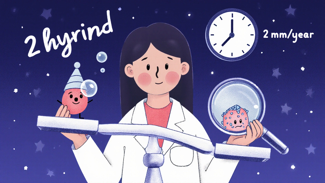 A doctor comparing a friendly cyst and a nervous nodule on a scale, with a clock showing growth rate in a storybook style.