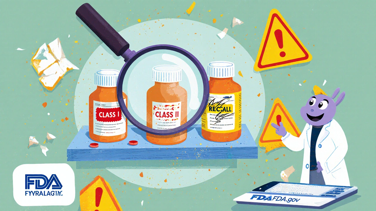 A magnifying glass examines medicine bottles with different recall labels, while fake warnings crumble away.