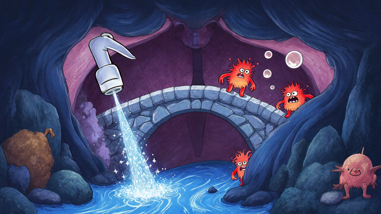 A nasal spray releasing calming blue mist that soothes inflamed nasal passages filled with pollen clouds.