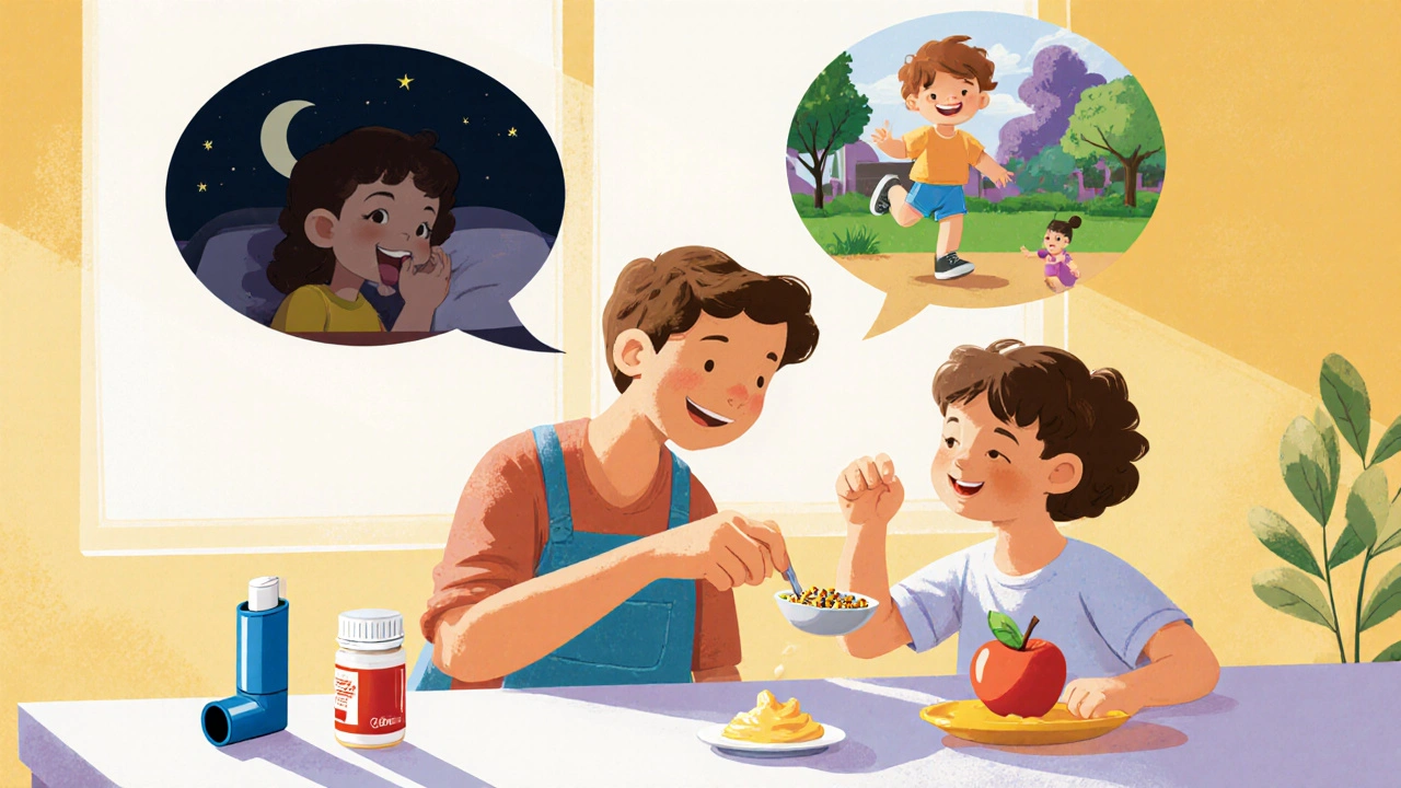 A parent mixes montelukast granules into applesauce while a child watches, with contrasting health scenes above.