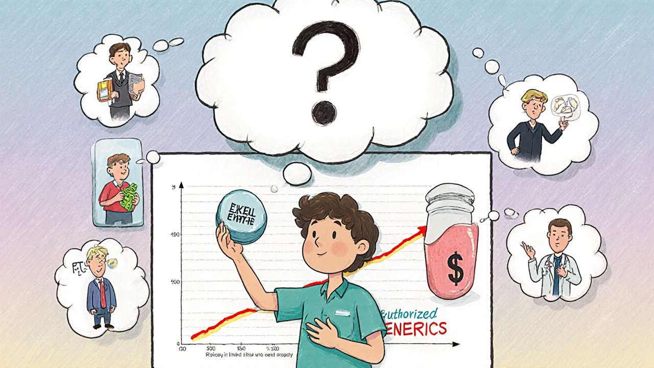 A patient confused between two identical pills, surrounded by thought bubbles of pharmacists, regulators, and doctors.