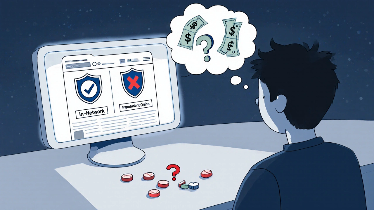 A person confused between two online pharmacies—one approved, one risky—with money flying away from the unapproved site.