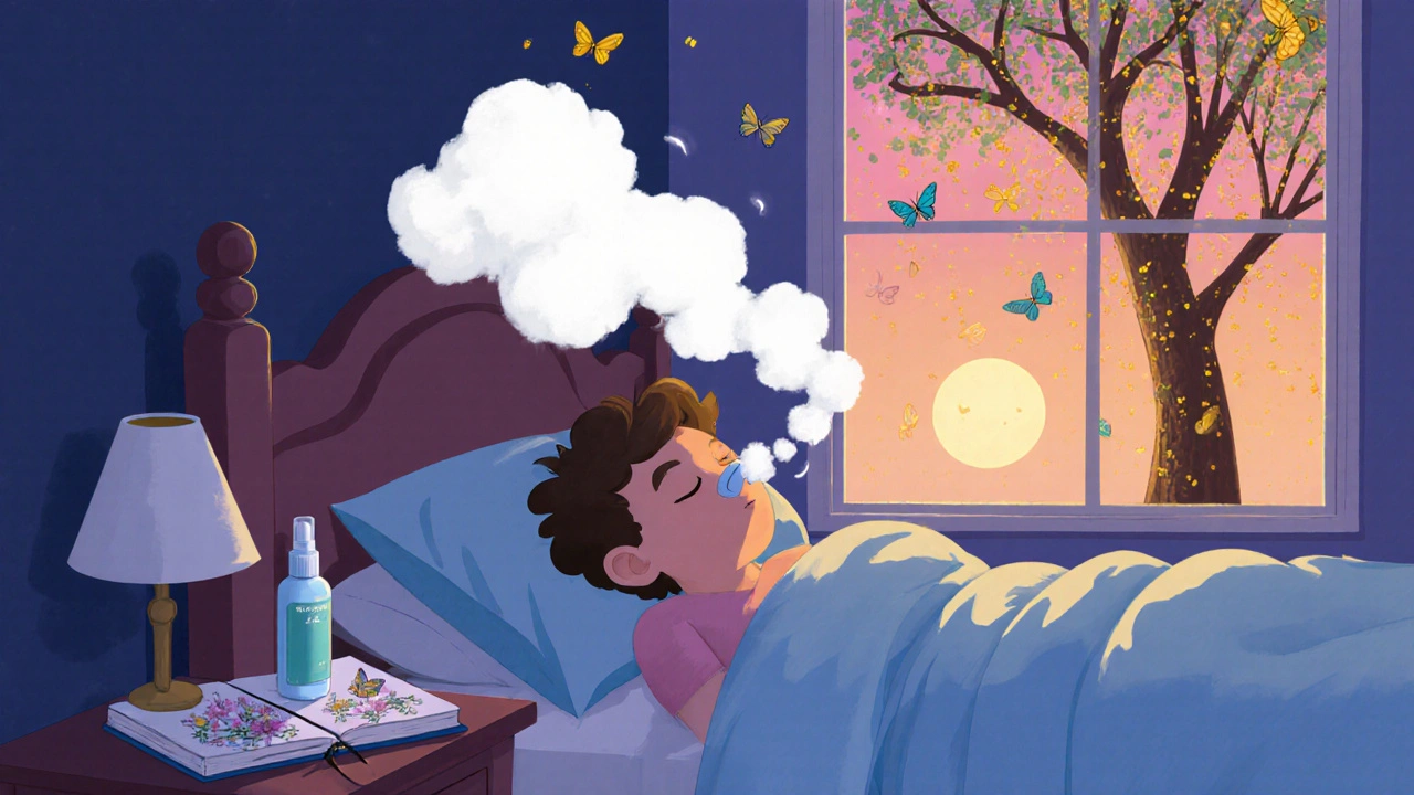 A person sleeping peacefully with open nostrils as pollen turns into butterflies outside the window.