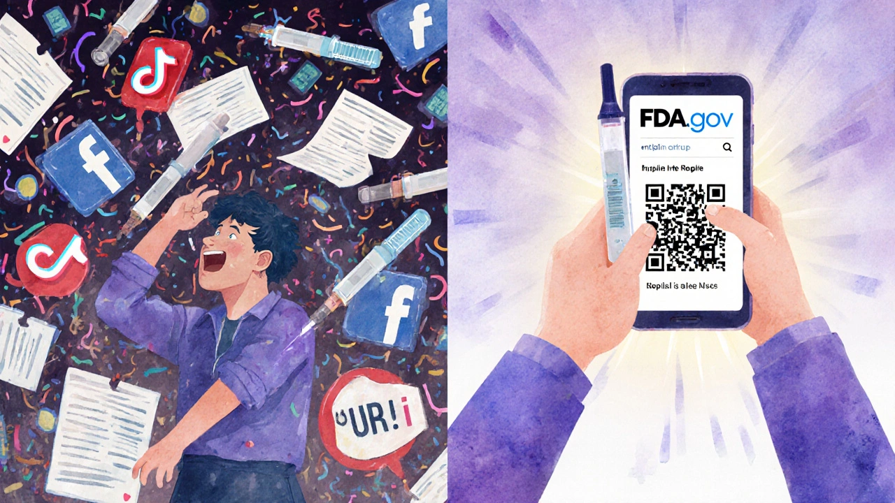 A person throws away medicine on one side, scans a QR code to verify safety on the other, with a glowing path between.